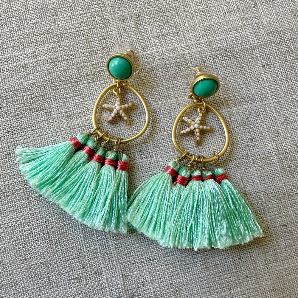 Gold Seafoam Turquoise Starfish Tassel Earrings - Beach Jewelry Mermaid